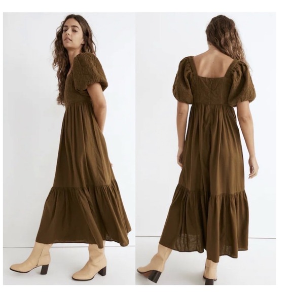 Madewell Tiered sz 16 Square neck Puff Midi Dress Quilted Hemp Olive Green NH112 - Picture 3 of 11
